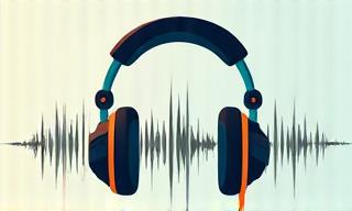 Podcast graphic with headphones and sound waves